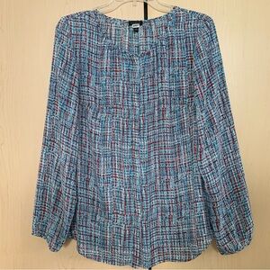 Talbots Womens Long Sleeve Button Front Lightweight Blouse Multi Blue Red Size L